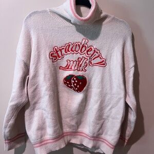 ROMWE Strawberry Milk Embroidered Turtleneck Sweater - Pink and White